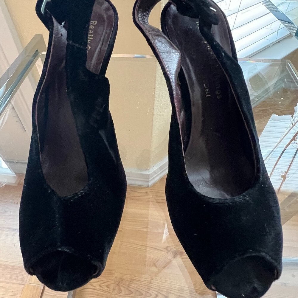 Plush Black Velvet Sling Backs Medium Worn